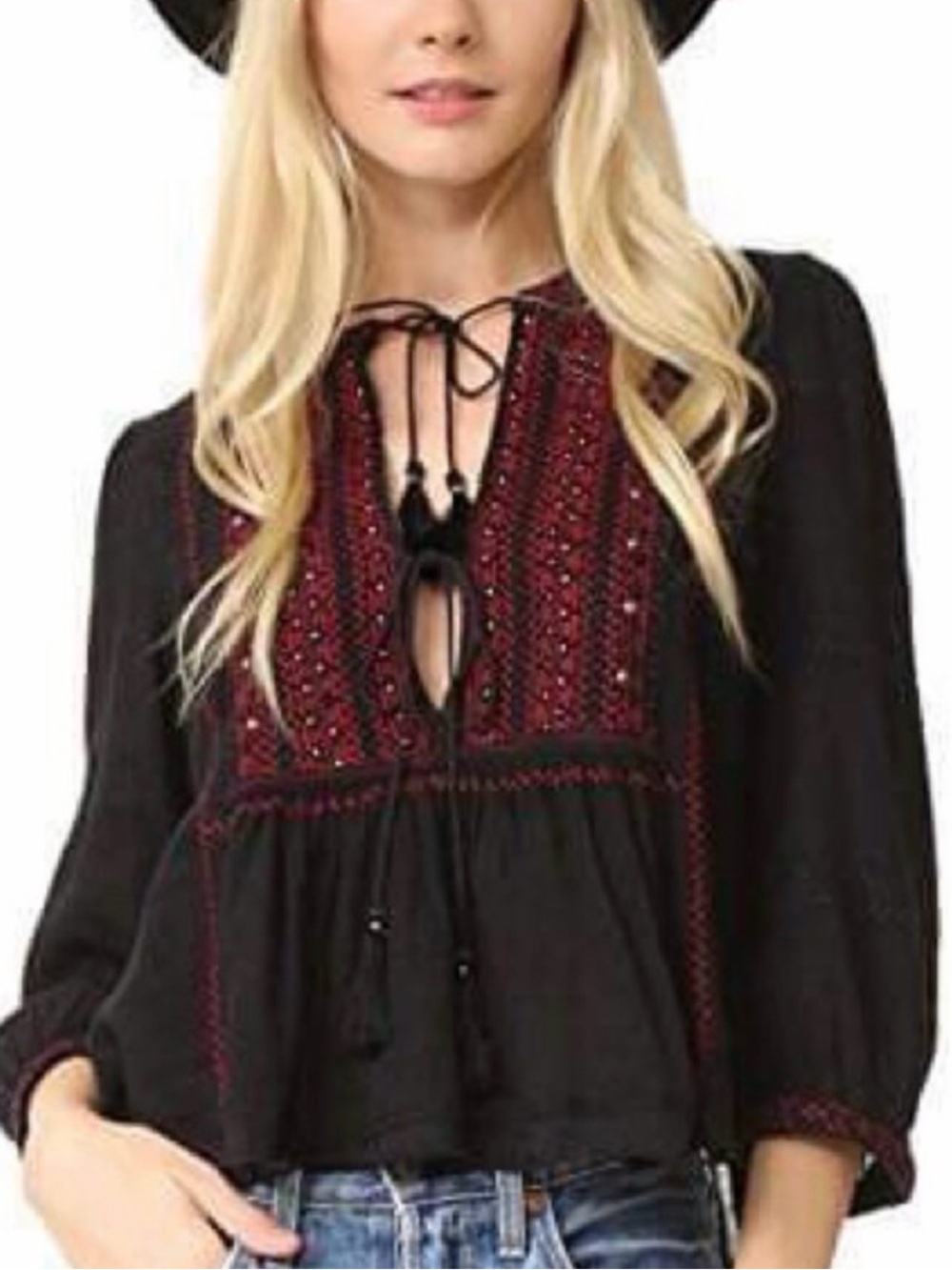 Free People Embroidered Boho Peasant Indie Cottagecore Top Tassels Gauze XS